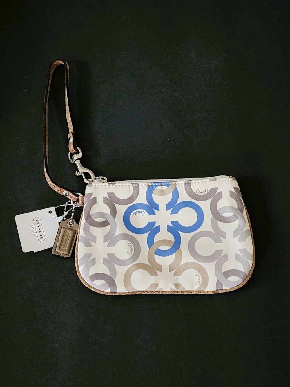 NWT Coach Madison Clover Print Satin Small Wristlet Blue Gray Cream F48898
